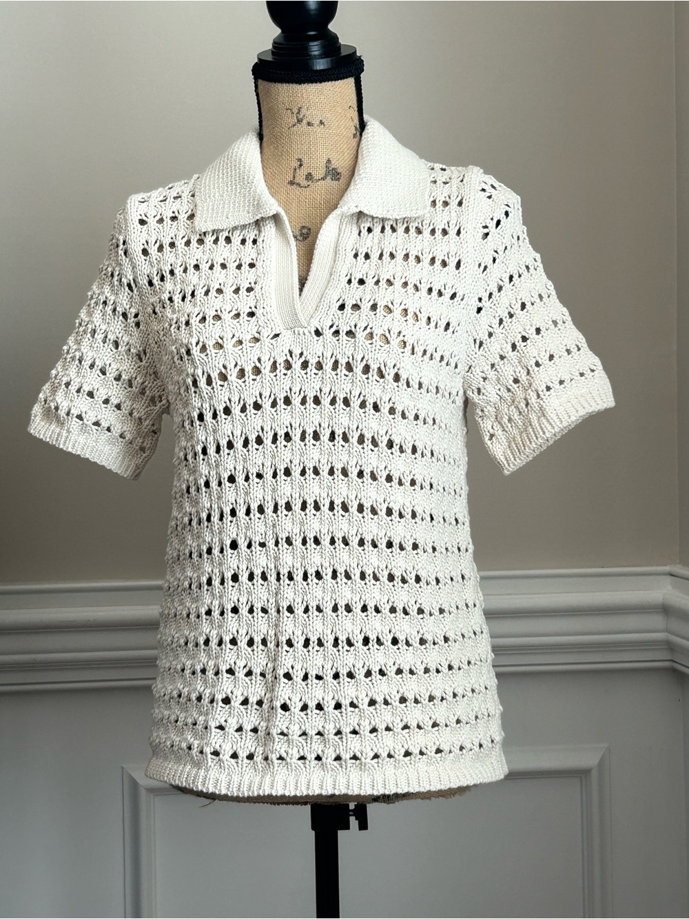 Gibson Latimer Cream Openwork V-Neck Polo Sweater